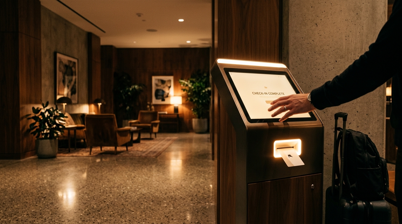 台中自助入住旅館的自助 check-in 機台,旅客觸控螢幕、房卡從卡槽吐出